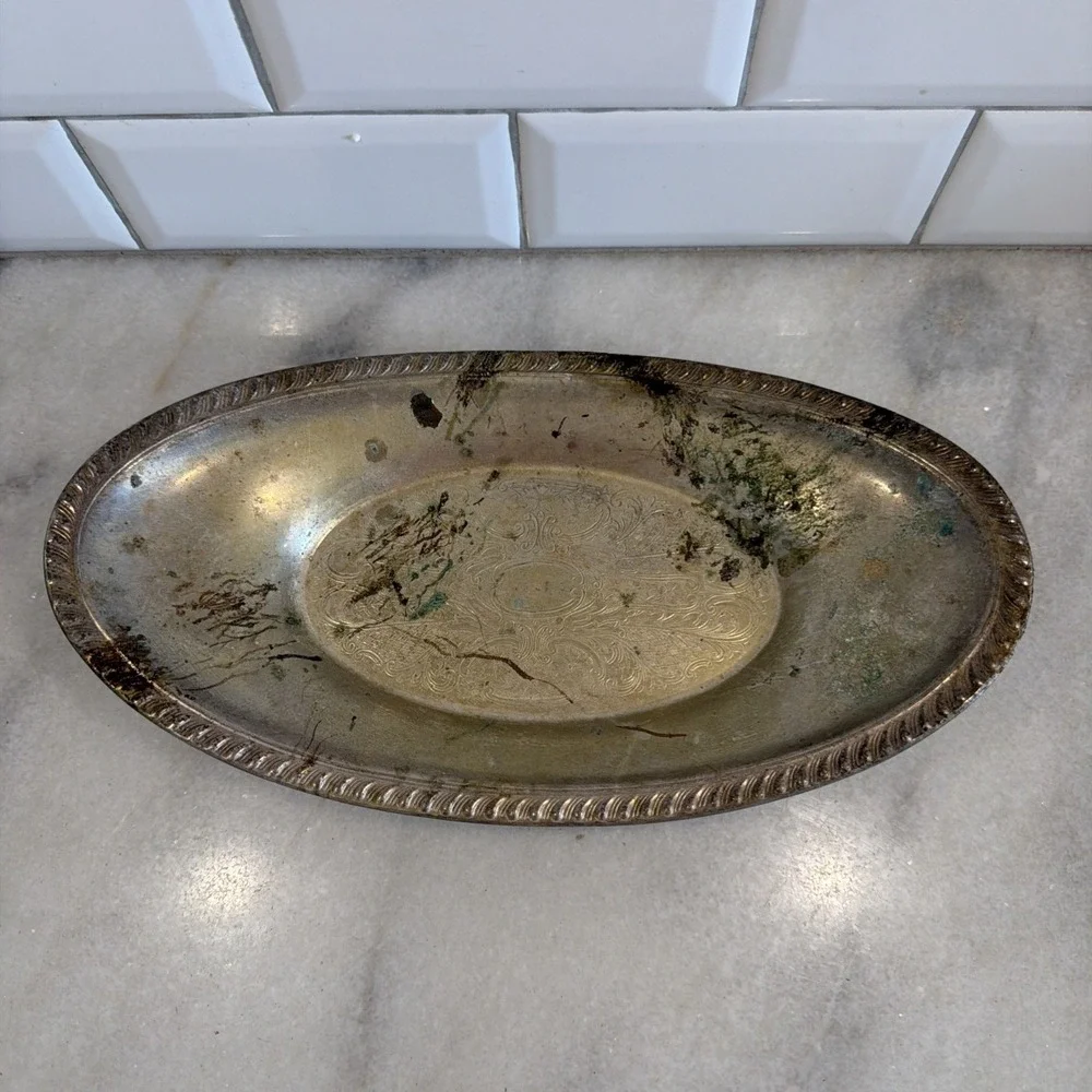 Vintage Silver Plated Oval Serving Dish Shabby Chic Patina GWB001